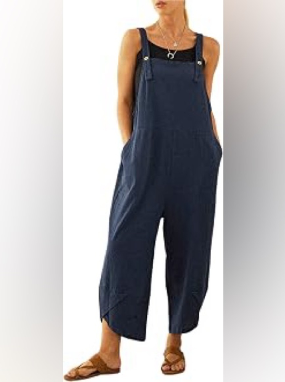 Saga Navy Wide-Leg Cotton Blend Overalls Jumpsuit